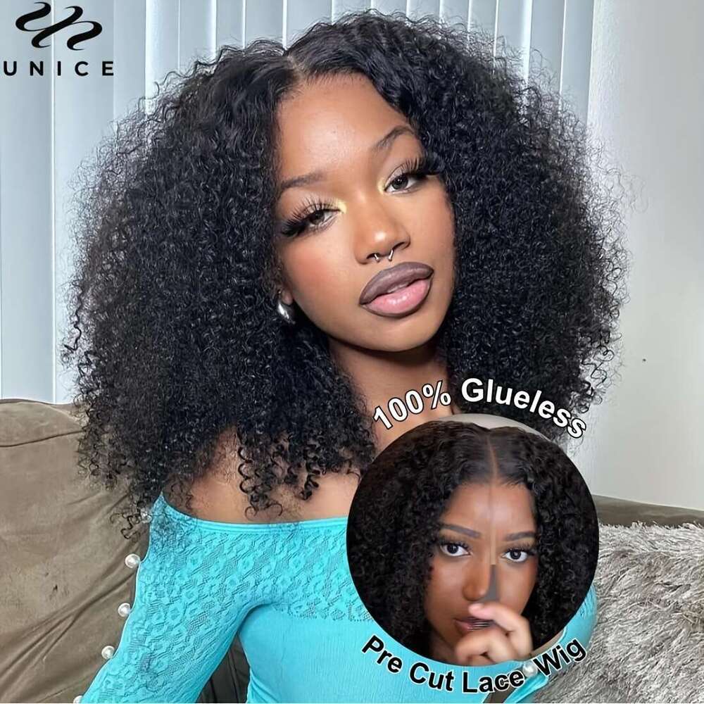 UNICE Glueless Frontal No Glue Needed, Pre Plucked Hairline Bleached Invisible Knots, 150% Density Voluminous Kinky Curly Wig, Natural Look Frontal, P