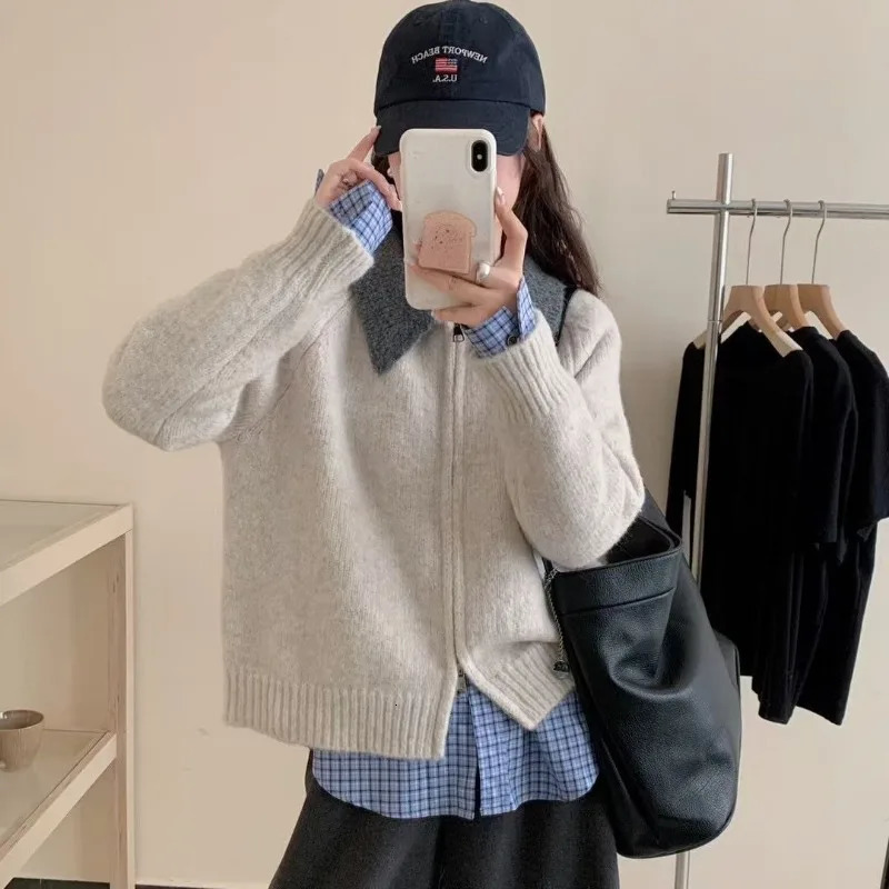 Women Clothes Autumn Winter Fashion Korean Simplicity Zipper Color Blocking Knitting Polo Collar Female Appear Thin Sweater Coat 251029