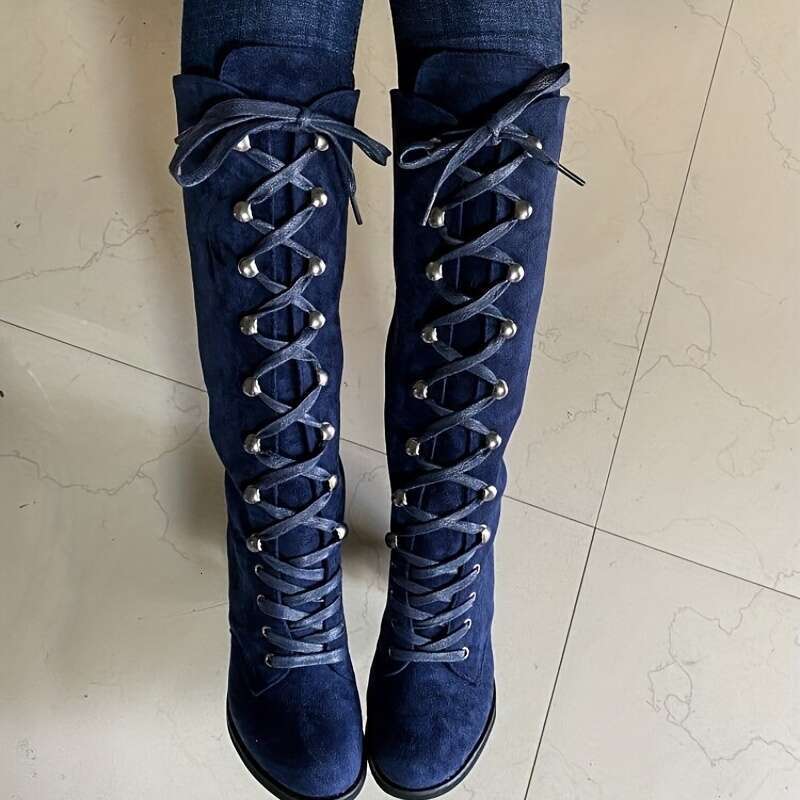 Women's Knee High Solid Color Lace Up Chunky Heeled Boots, Versatile Comfy Long Boots