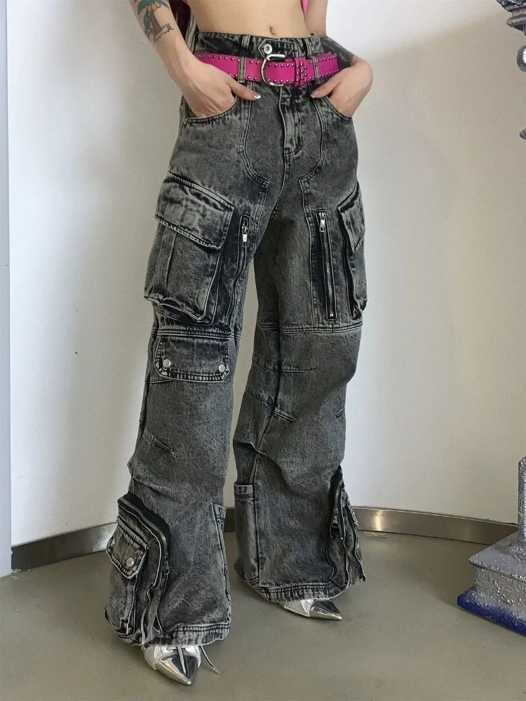 Trashy Y2K 2000S Streetwear Vintage Grey Baggy Pleated Cargo Jeans Pants For Women Clothing Multi Pockets Wide Leg Lady Trousers 251029