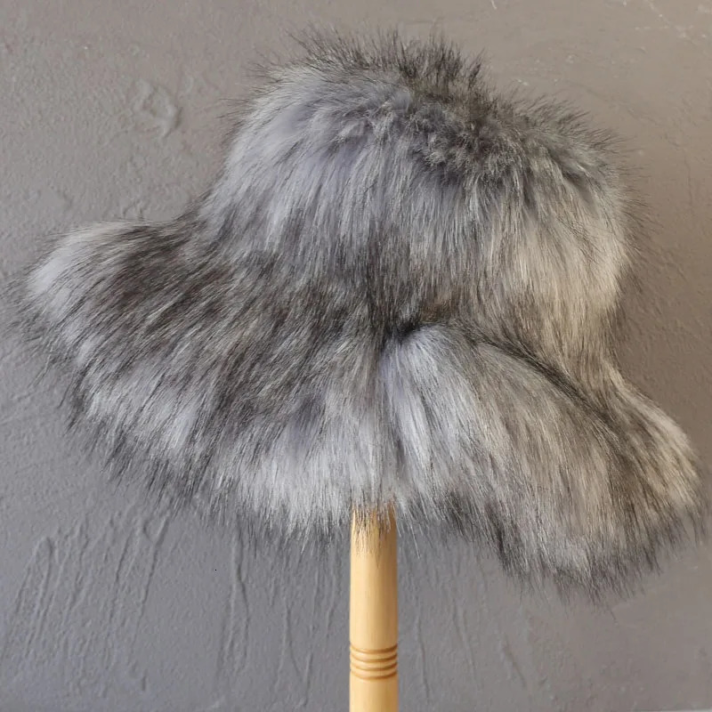 Women Fluffy Faux Fur Bucket Hats Retro Plush Warm Oversize Y2K Fisherman Hat Thickened Imitation Raccoon Fur Winter Hat 251028