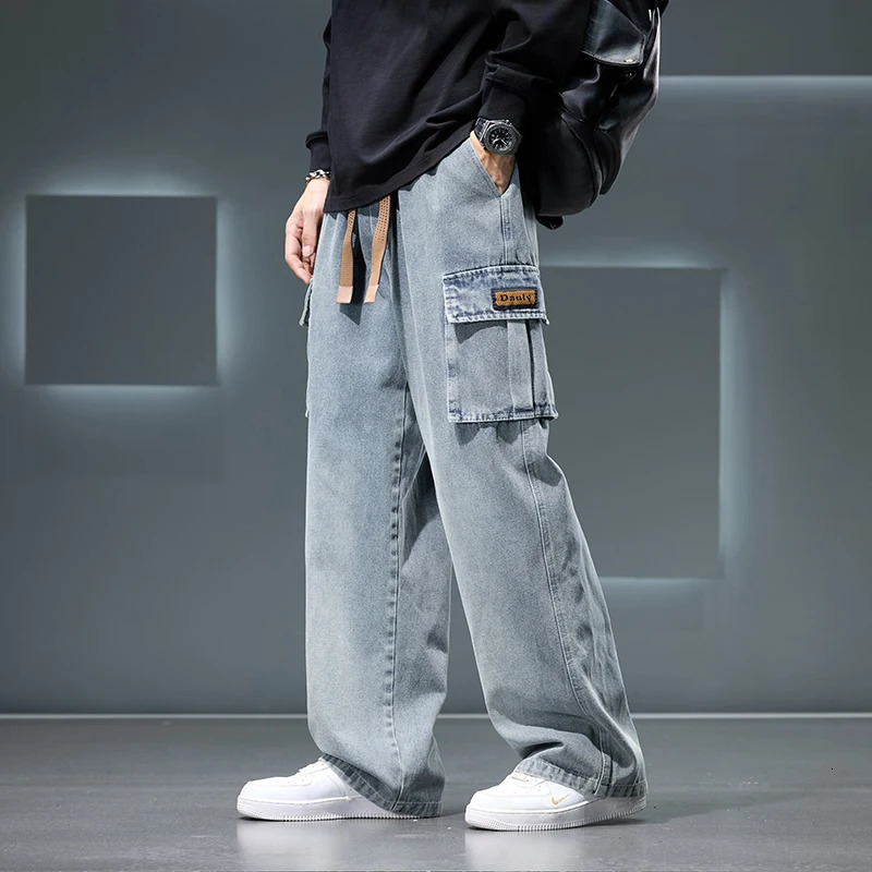 Autumn Wide Leg Washing Jean Pants Men Trousers Neutral Solid Color Loose Casual Fashion Pocket Cargo Pants Big Size 8xl 251029