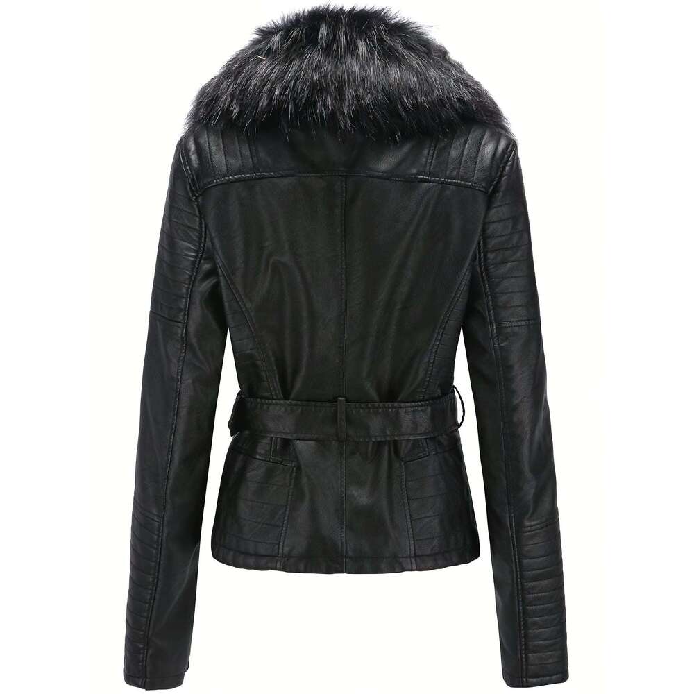 Women S Autumn Winter PU Leather Jacket Fashion Warm Large Faux Fur Collar Biker Jacket Coat