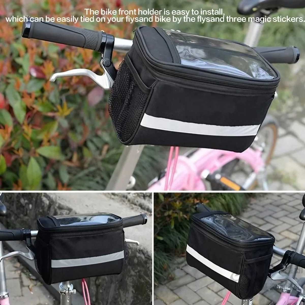 Waterproof Bike Front Handlebar Bag with Reflective Strip and Mesh Pouches for Mountain and Road Biking Safety and Navigation H251029