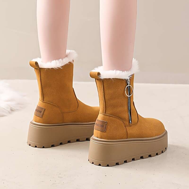 Women's Chunky Platform Boots Beige/ Tan Slip-Resistant Rubber Sole, Cushioned Insole Zipper Closure Soft Fabric Lining For Everyday & Formal Out
