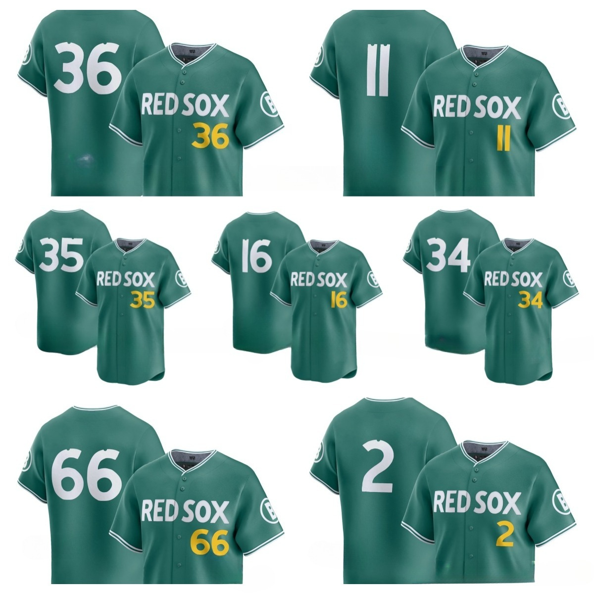 MLB Boston''Red''Sox''Green 2 Alex Bregman 16 Jarren Duran 11 Rafael Devers 34 David Ortiz 35 Garrett Crochet 36 Triston Casas Brayan Bello 2025 City Connect Player Jersey