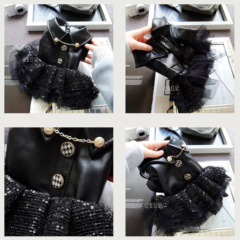 Fashion Cat Puppy Sequin Dress Soft Leather Top with Lace Skirt for Female Small Dogs And Cats Autumn Winter Pets Clothes 251029