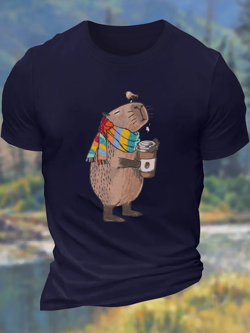 European & American Oversized Men's Fun Animal Print Coffee-Colored Cotton Crew Neck Loose-Fit Casual T-Shirt - TT7528