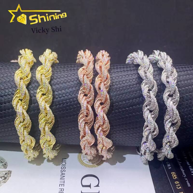 Fine Jewelry 925 Silver Gold Plated 6MM 10MM Rope Chain Hip Hop Moissanite Men Chain Necklace Pass Diamond Tester