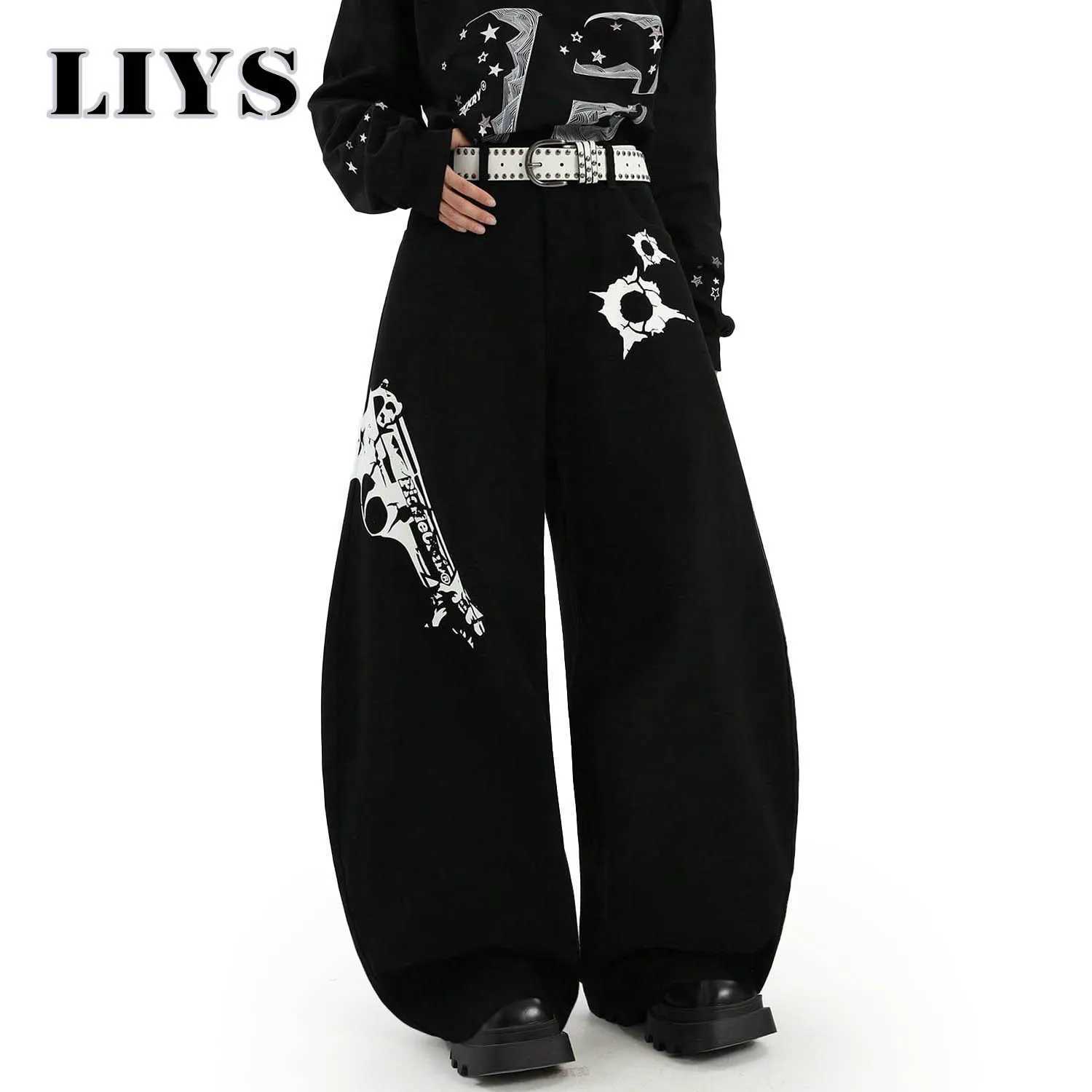 American High Street Pistol Printed Loose Wide Leg Jeans Male Fashion Baggy Machete WideLeg Denim Pants Autumn Men Solid Jeans J251030