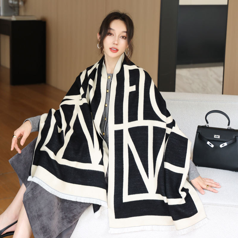 Women s Geometric Letter Pattern Scarf Black And White Imitation Cashmere Shawl Autumn And Winter Warm Fashion Scarf Commuting And Leisure Dual Use Ac