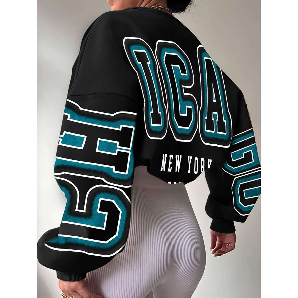 Women's Oversized Graffiti Letter Print Sweatshirt - Bold "New York" Graphic In Teal & Black, Crew Neck Casual Pullover, Hine Washable 
