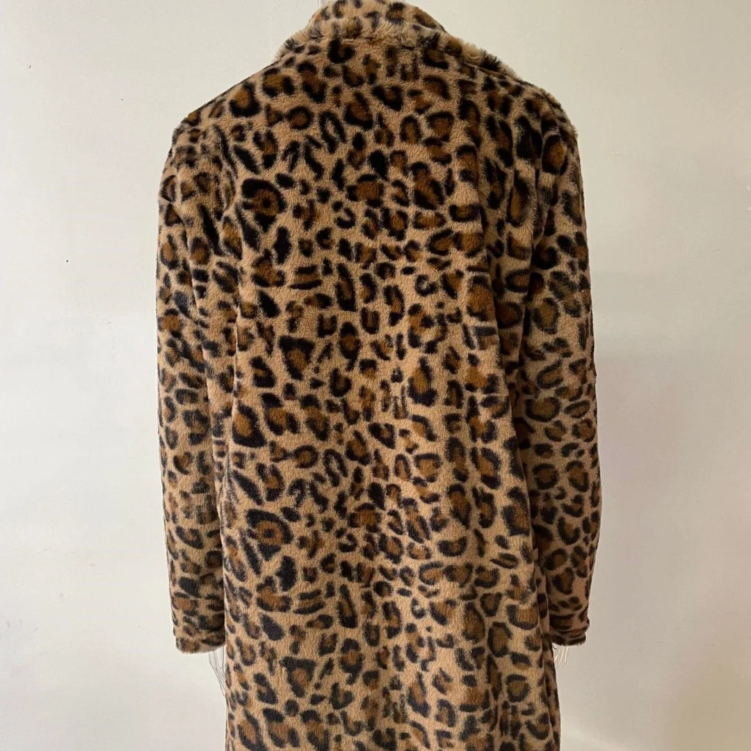 Women Autumn Winter Leopard Print Faux Fur Coat Long Sleeve Turndown Collar Fashion Outerwear Pocket Loose Thicken Overcoat 251028