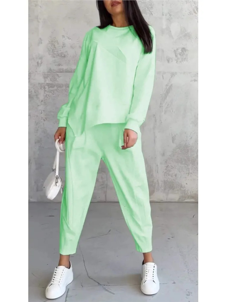 Women Casual Solid Set Fashion O Neck Long Sleeve Loose Top And Long Pants Two Piece Sets Lady Spring And Autumn Sports Sets 251029