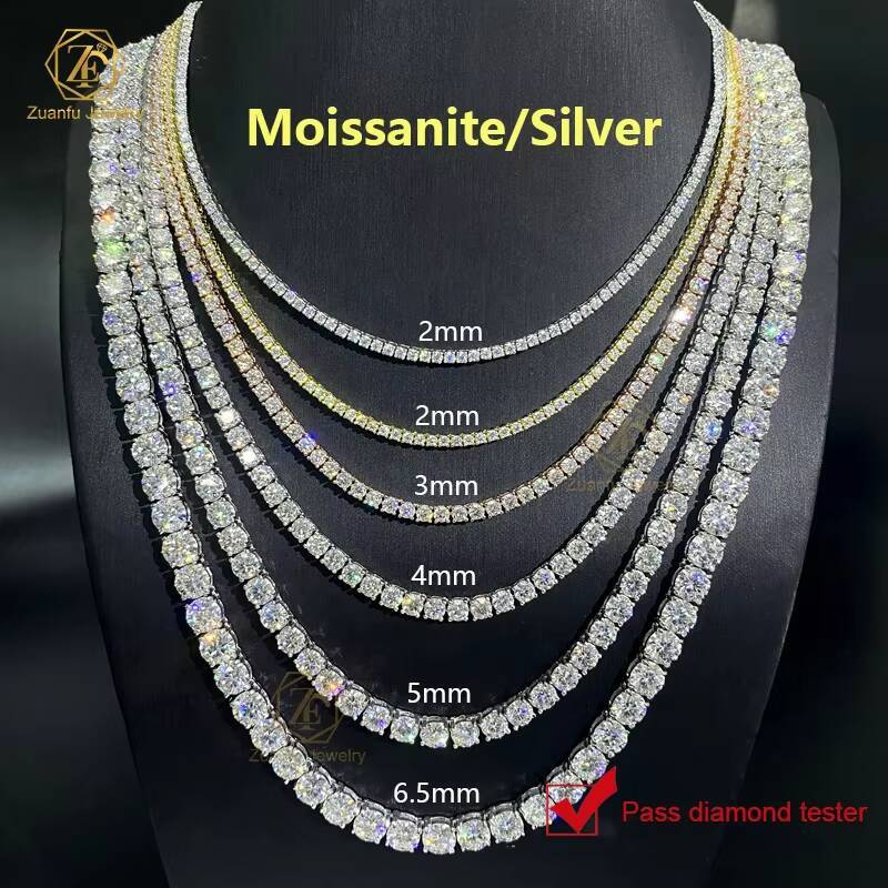 Pass Diamond Tester Hip Hop Iced Out Tennis Chain 925 Sliver 2mm 3mm 4mm 5mm VVS Moissanite Diamond Cluster Necklace Bracelet