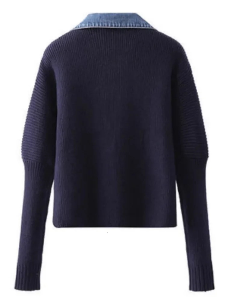 2025 Autumn Jean Patchwork Women Cardigan Sexy Contrast Color Sweet Knitted Top Long Sleeve Chic Fashion Jumpers Sueter 251029