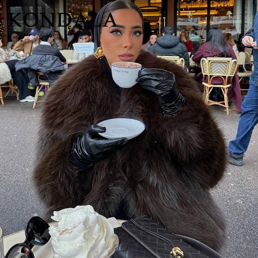 winter jacket women KONDALA 2025 Fall Winter Casual Faux Fur Brown Women Warm Jackets Streetwear Turn Down Collar Christmas Oversized Elegant Coats