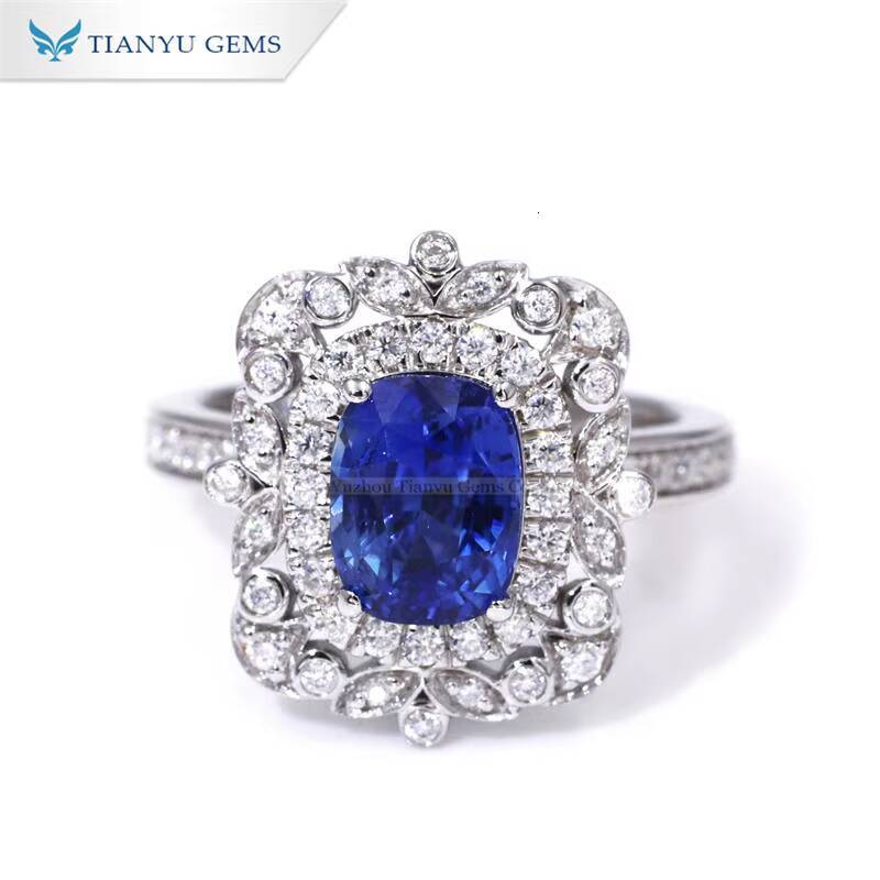 Tianyu Gems 8x6mm Cushion Lab Sapphire Ring Blue Stone Luxury Vintage Women 18k 14k 10k Platinm Custom Rings Wedding Jewelry