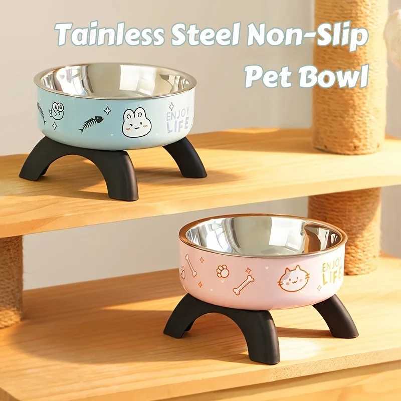 Stainless Steel Pet Bowl AntiTip Elevated Design with NonSlip Silicone Base ChewProof Edge for Small CatsDogs Feeding J251113