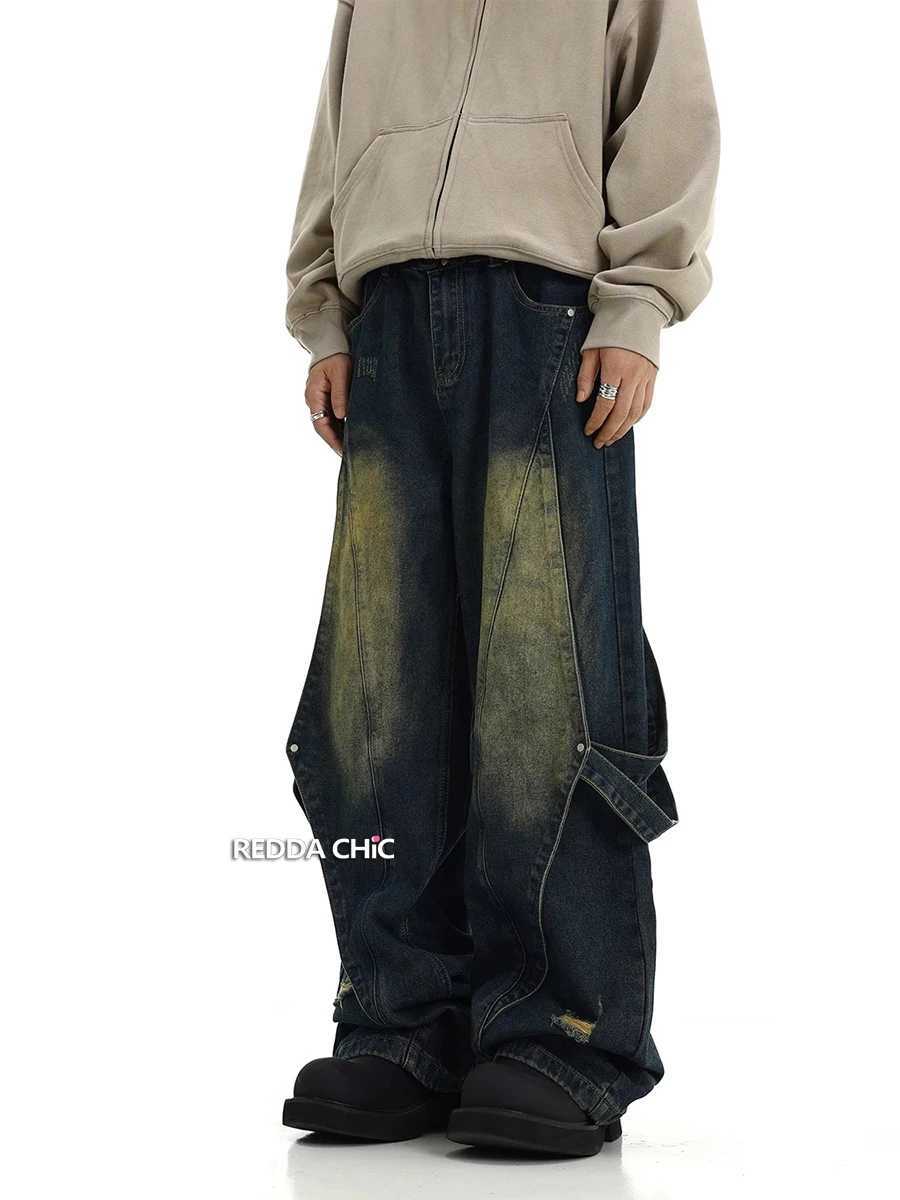 REDDACHiC Belt Deconstructed Baggy Jeans Men Vintage Wash Destroyed Frayed Spliced Straight Casual Wide Leg Pants Y2k Streetwear J251030