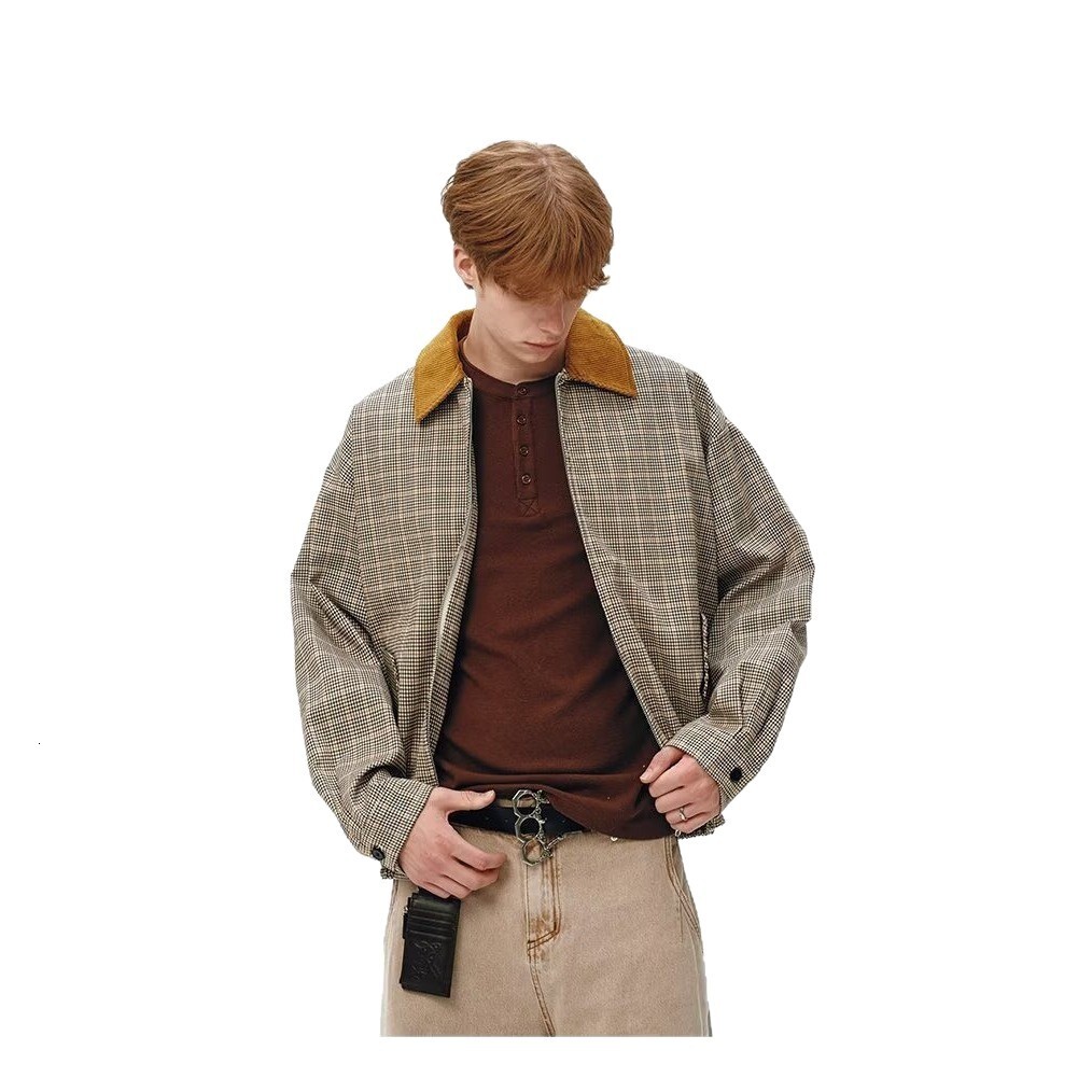 American Style Plaid Turn-down Collar Color-block Jacket For Men Autumn Trendy Brand Versatile Designer Jacket Casual High-end Feel Outerwear