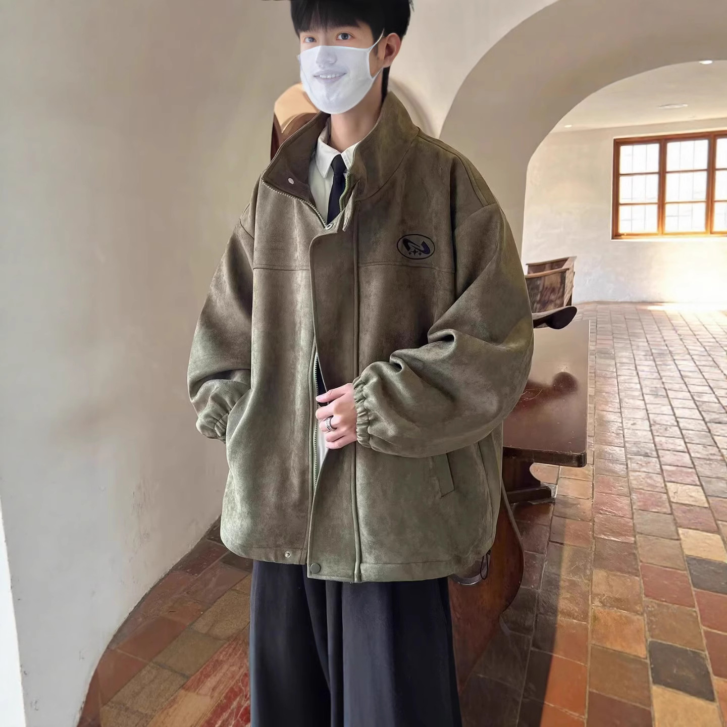 American Style Stand Collar Suede Jacket Men's Autumn Winter Fleece Lined Designer Coat Workwear Top Trendy Brand Cool High-end Casual Coat