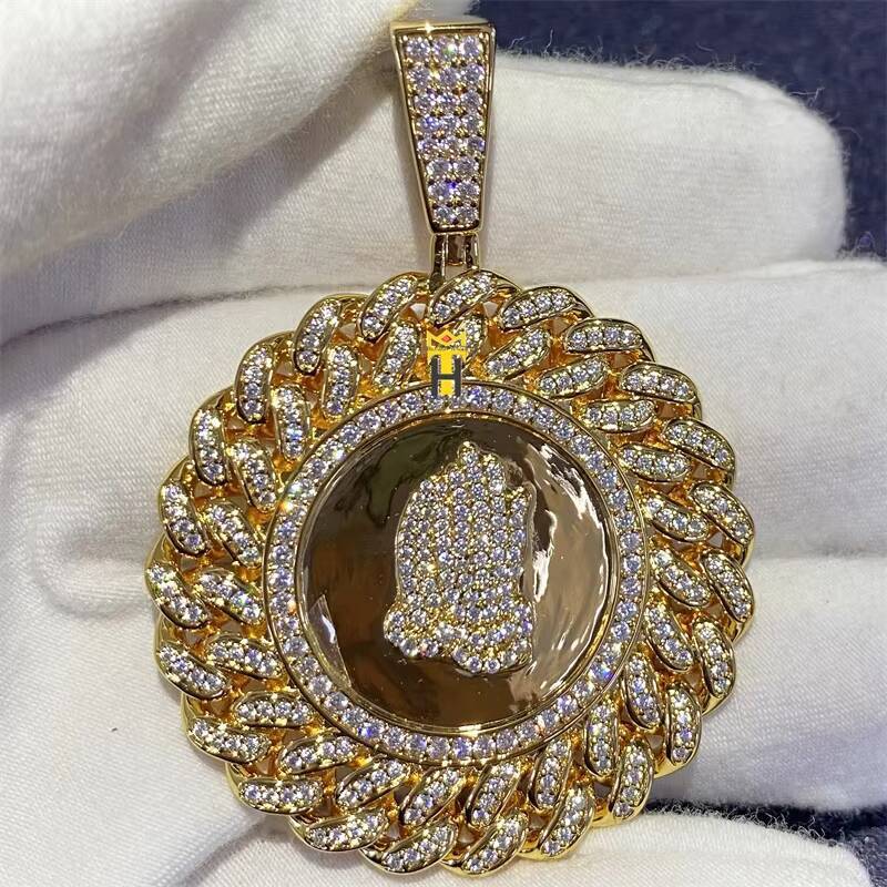 Hip Hop Gold Plated Iced Out Mens Gold Silver Fashion Jewelry Cuban Edge Jesus Praying Hands Round Pendant