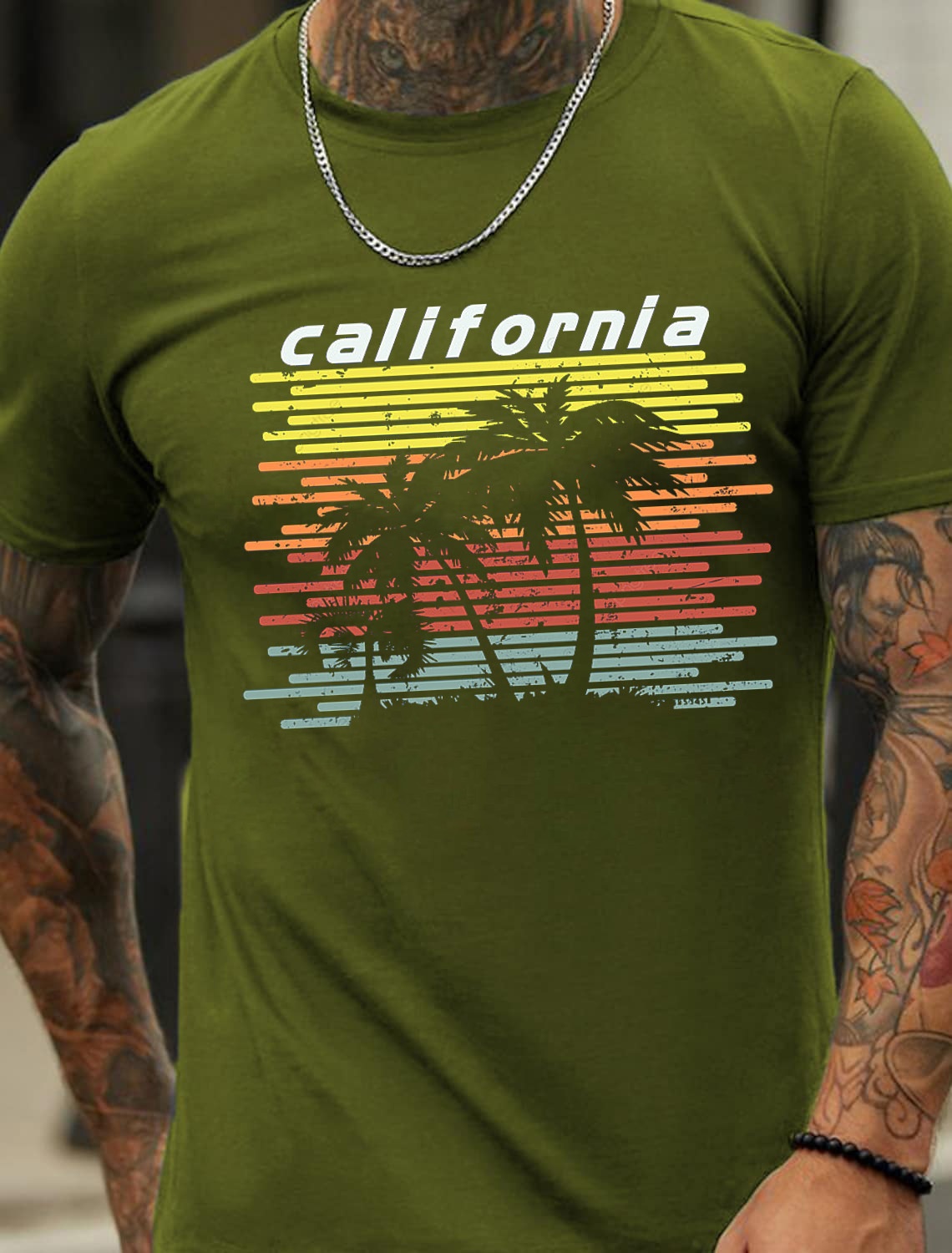European and American Oversized California Fashion Design Men's Cotton Summer T-Shirt with Palm Tree Print - TT7084