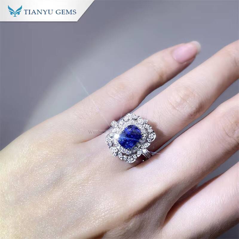 Tianyu Gems 8x6mm Cushion Lab Sapphire Ring Blue Stone Luxury Vintage Women 18k 14k 10k Platinm Custom Rings Wedding Jewelry