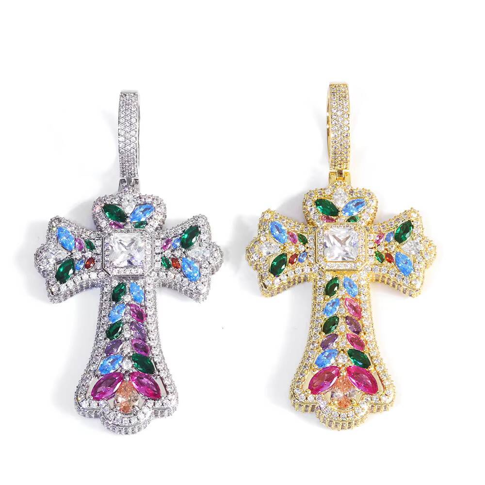 NUOYA Custom Colorful Cross Pendant Large Baguette moissanite Diamond Iced Out Charm Pendant Hip Hop Jewelry for Men and Women Gift Designer's st