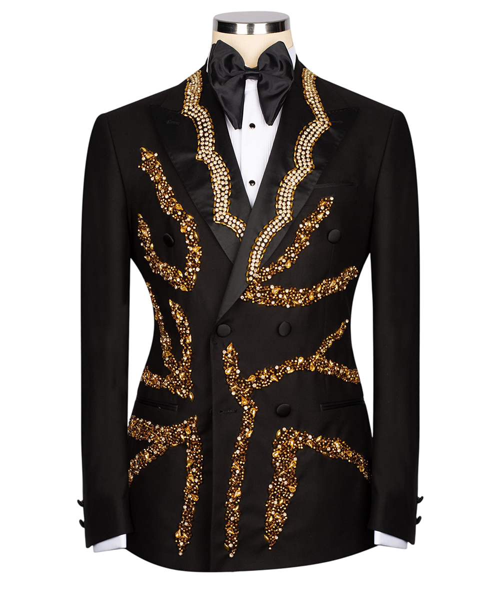Luxury Men's Suit Crystal 2 Pieces Set Jacket Tailor-Made Groom Peaked Lapel Rhinestone Beaded Blazer Double Breasted Customized Coat Pants Plus 