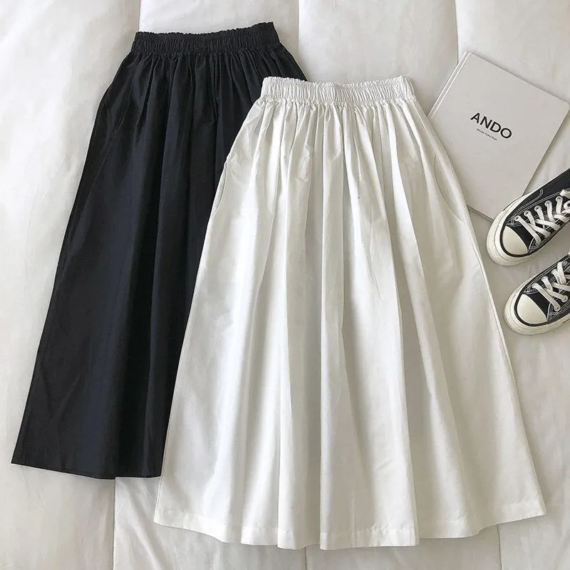 Women Black skirt midi High waist korean style Pleated a line Vintage Clothing 2025 Summer Casual Fashion Ladies Work Wear 251028