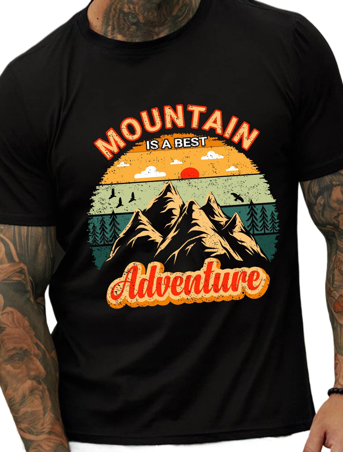 Europe & America Oumay Mountain and Sunset Print Pattern Men's Cotton Summer T-Shirt - TT7249