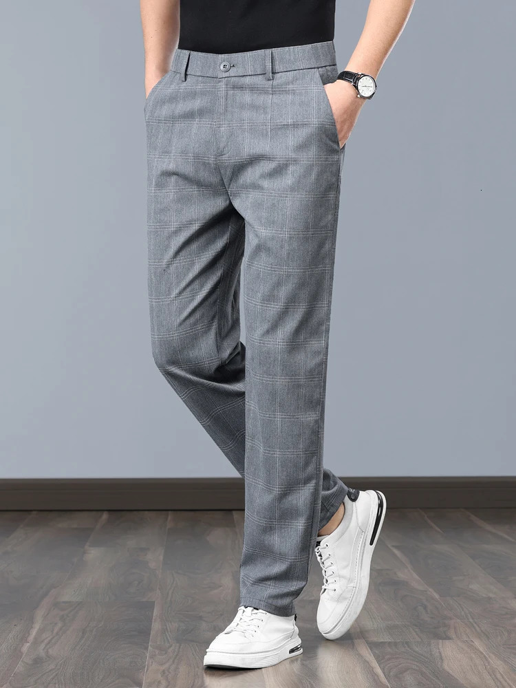 Summer Thin Plaid Formal Stretch Pants Men Slim Business Grey Black Casual Pant Fashion Male Clothing England Trousers 251028