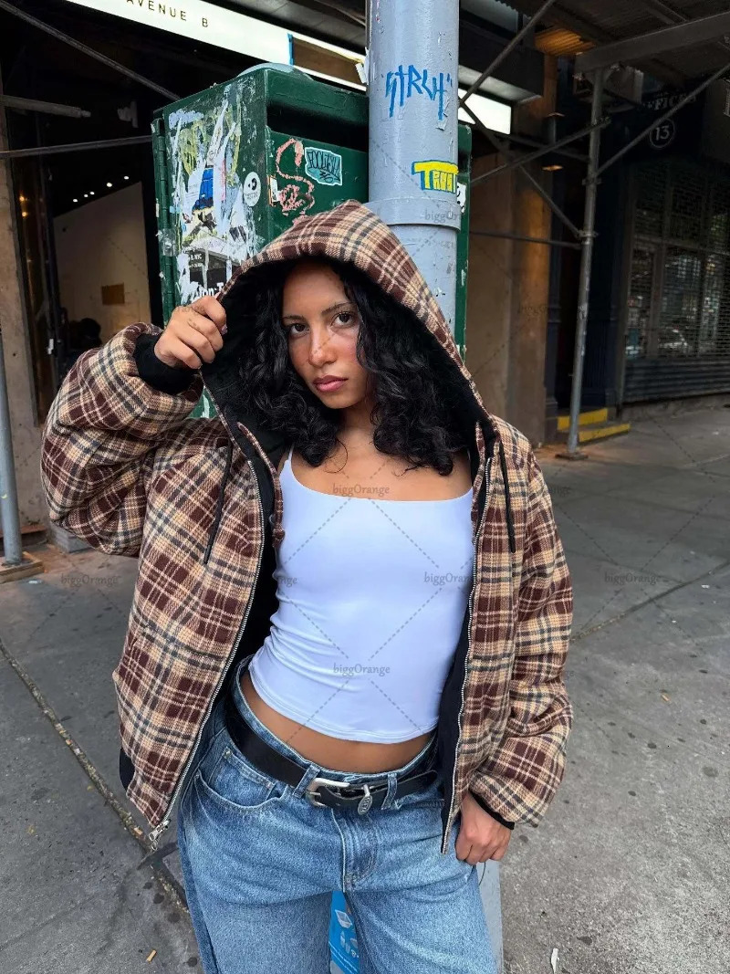 American Style Harajuku Retro Brown Plaid Reversible Fashion Zipper Hoodie Men Street Fashion Casual Loose Sweatshirt 251029