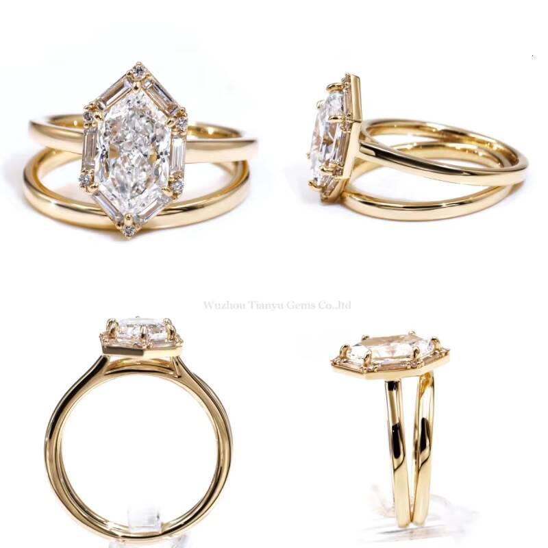 Tianyu gems Custom Made 45ct Hexagon Cut And Baguette Cut DEF VVS1 Moissanite 10k Yellow Gold Jewelry Ring Set
