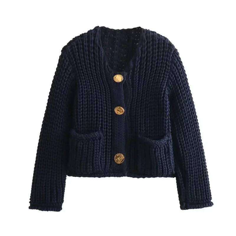 2025 New Solid Color Single Row Round Button Sweater Women Comfortable Casual Double Pocket Coat Fashionable V-Neck Knitted Designer Sweater Women Bea