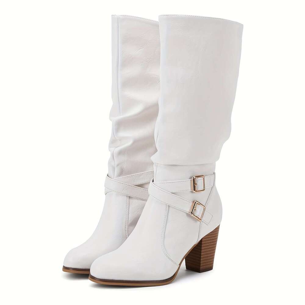 Women's Mid Knee High Boots, Thick Heel, Casual Metal Buckle, Side Zipper, Fashionable Long Boots