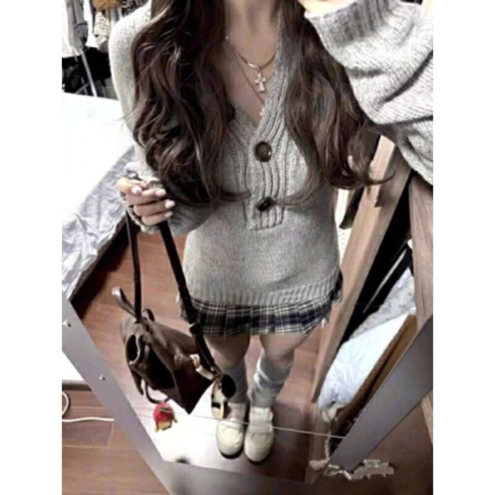 Aoaiiys Sweater Women Gray Long Sleeve Knitted Jumpers Spice Girls Slim Pullover Autumn Winter New Comfortable Casual Sweaters Designer Sweater Women 