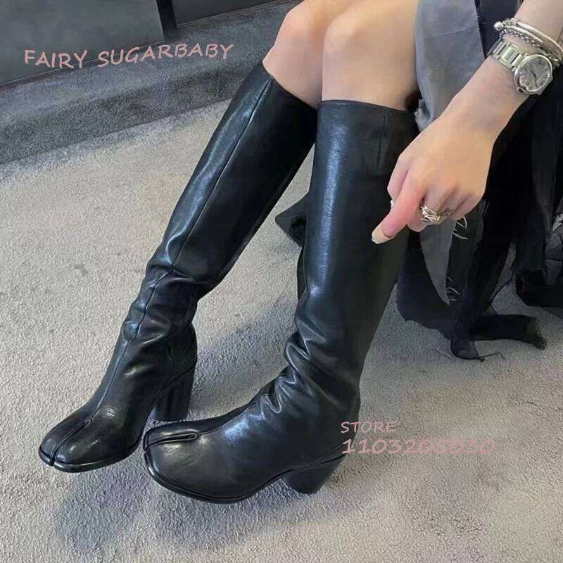 Black Loose Long Tabi Boots Women High Round Heels Zipper Leather Booties Knee Versatile Spring Girls Matte Casual Shoe British