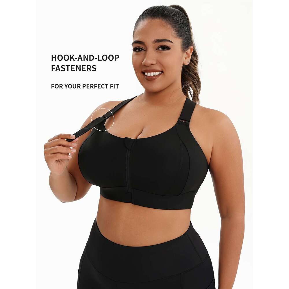 Plus Size Bra with Front Zipper, High Elasticity Solid Color Fiess Yoga Tank Top, Sports Bra, Adjustable Straps High-Quality Underwear