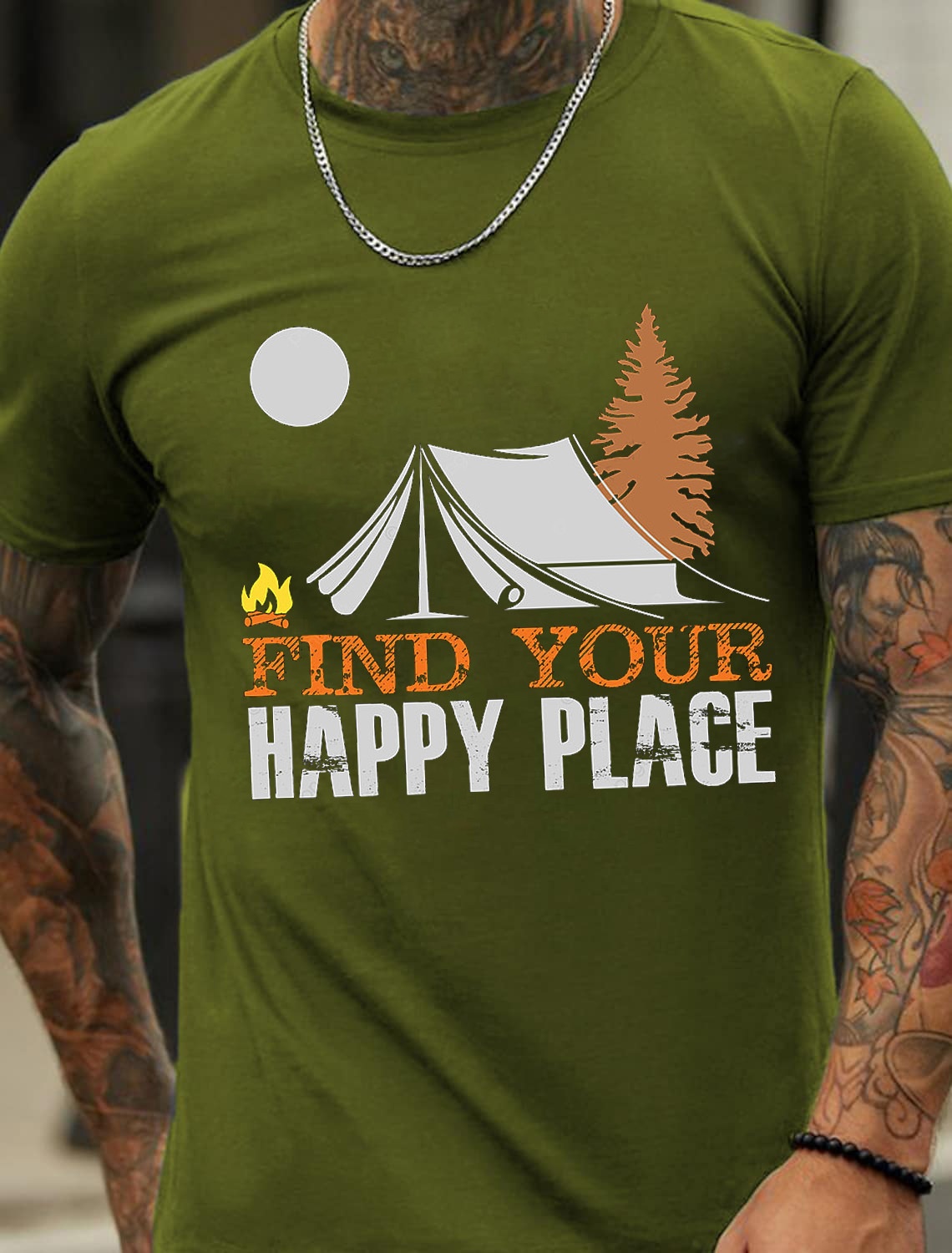 Europe & America Oversized Happy Place Camping Series Pattern Fashion Men's Cotton Summer T-Shirt - TT7093