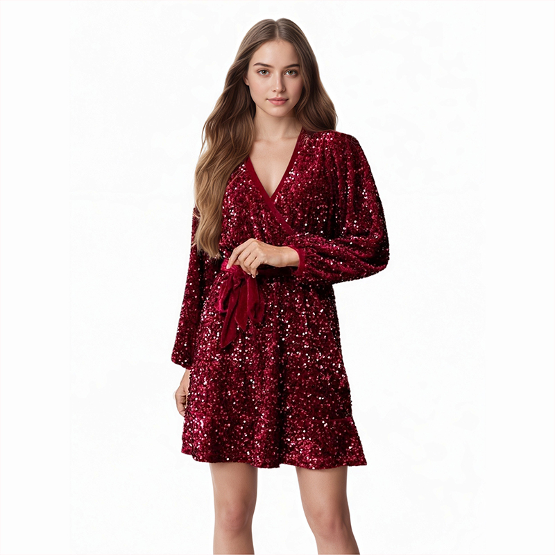 Prom Dresses Women's Red Sequin Wrap Dress with Puff Sleeves - Belted Ruffle Hem Mini Dress for Christmas Party, Evening Cocktail & Festive Occas