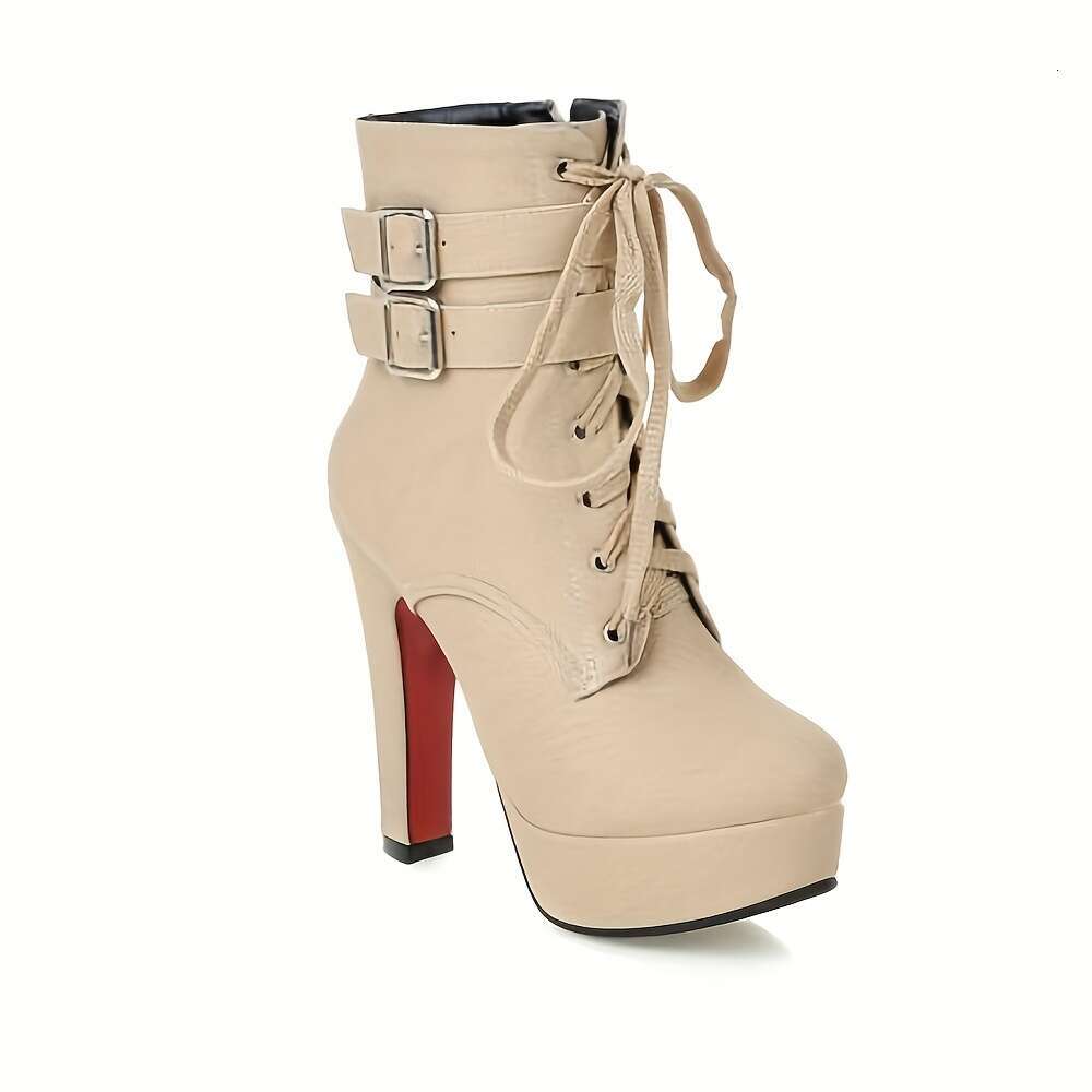 Stylish Women's Winter Double Platform Chunky High Heels Square Toe Lace-Up Holiday Dress Nightclub Solid Color Ankle Booties