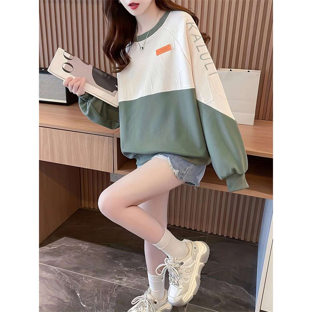 Embroidered Sweatshirt Embroidered Lettering Women S Casual Crew Neck Sweatshirt Beige Green Contrast Color Textured Fabric Long Sleeves Fall Winter
