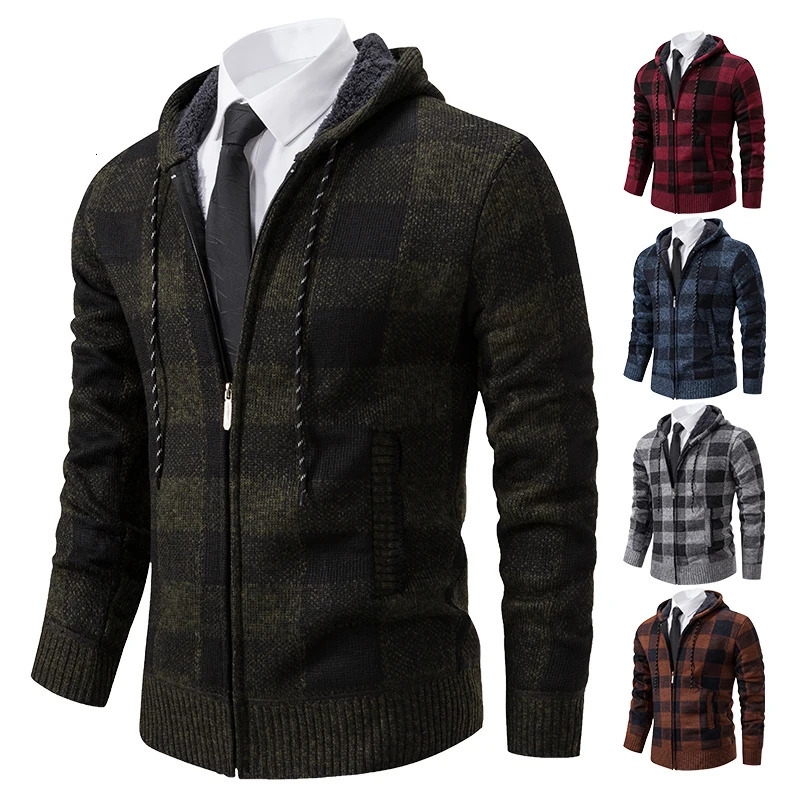 Autumn Winter Mens Cardigan Fashion Plus Velvet Padded Knit Jumpers Male Sweater Hooded Plaid Korean Coat 251017