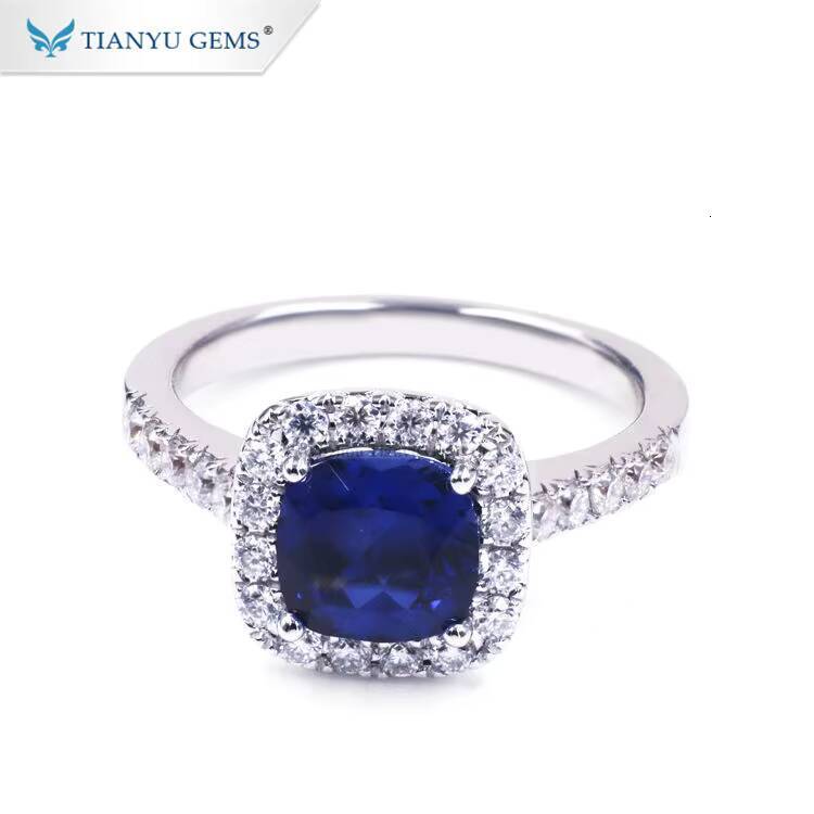 Tianyu Gems 7mm Cushion Cut Lab Sapphire Hao Ring Blue Corundum Gemstone 18k Au750 14k 10k White Gold Engagement Rings for Women