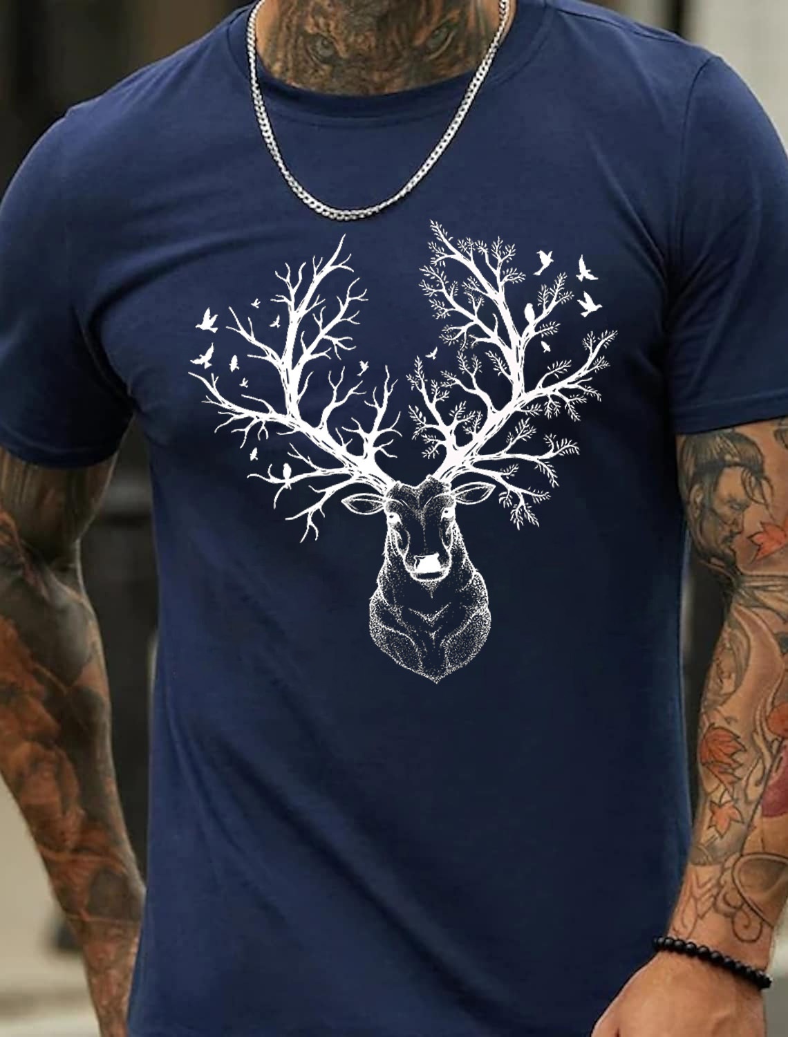 Europe & USA Oversized Forest Deer Print Men's Cotton Summer T-Shirt - TT7187