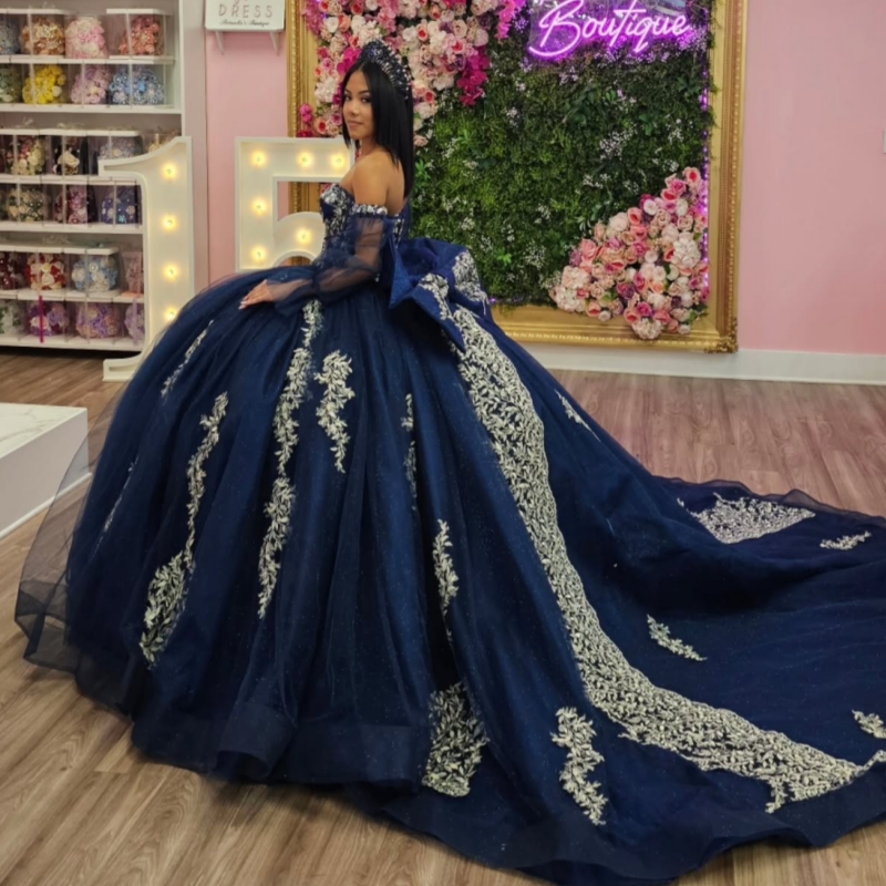 Navy Blue Shiny Quinceanera Dresses Off The Shoulder Applique Beading Crystal Bow Tull Party Birthday Sweet 16 Dress Vestidos 15 Anos