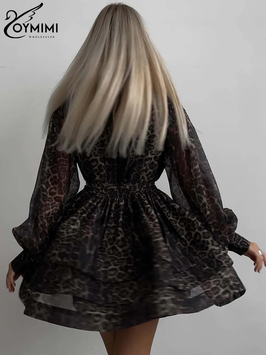 Oymimi Fashion Brown Leopard Print Womens Dress Elegant Long Sleeve Buton LaceUp Dresses Casual Cascading Ruffle Mini 251027